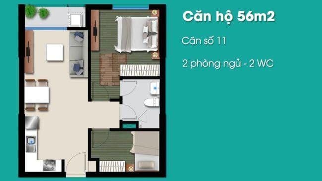 Mặt bằng thiết kế căn 56 m² An Gia Riverside do chủ đầu tư công bố