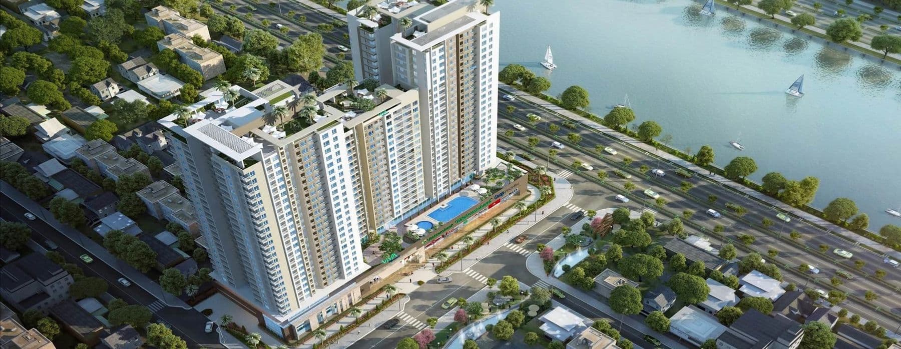 An Phú Apartment nhìn từ đường Hậu Giang, khối nhà và khu dân cư phía trước